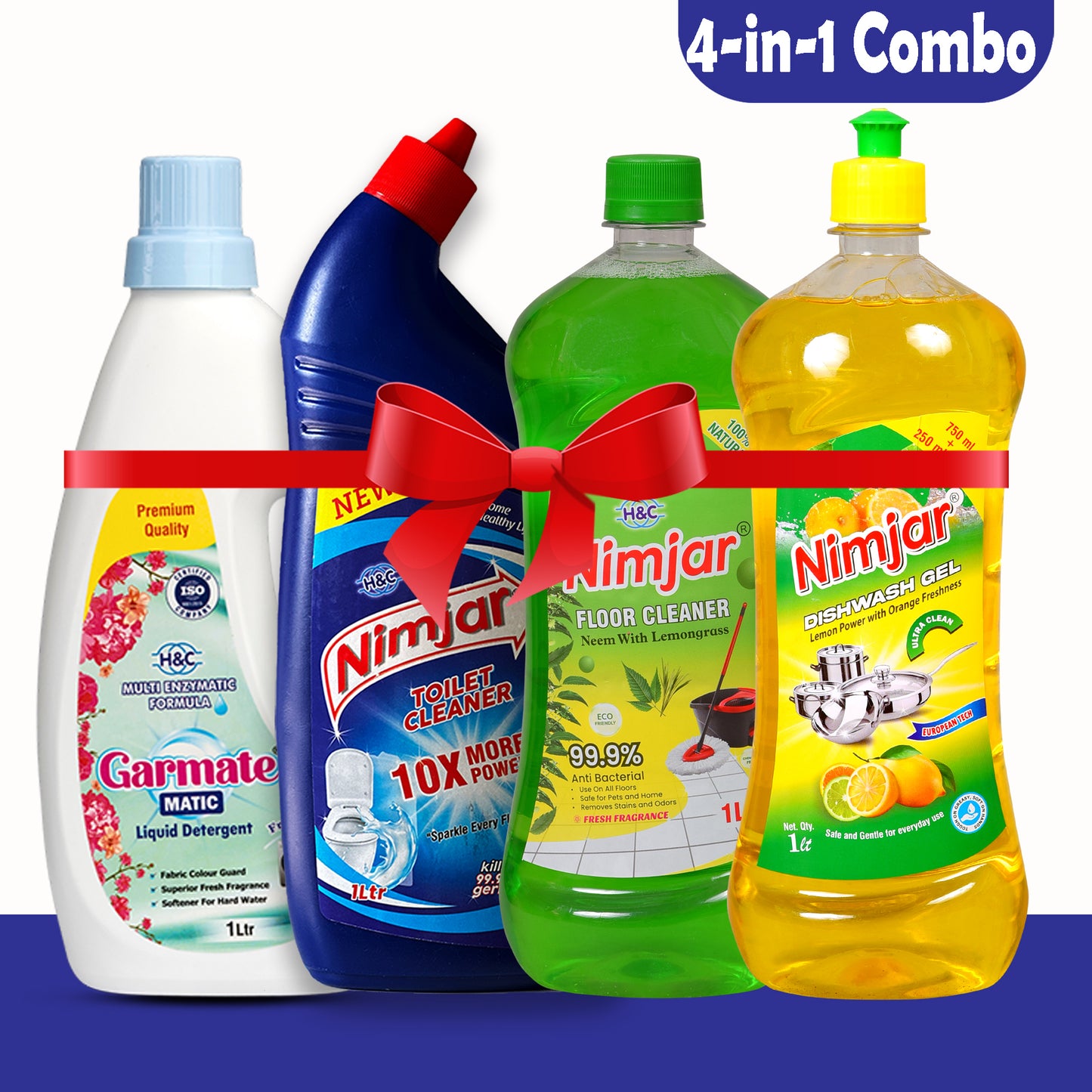 Garmate Matic Liquid 1L+Nimjar Toilet Cleaner 1L+Nimjar Floor Cleaner 1L+Nimjar Dishwash Gel 1L(4-in-1 Pack)
