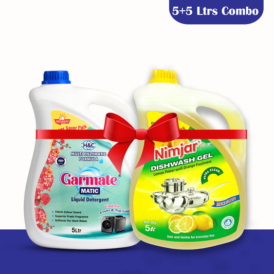 Garmate MATIC Liquid Detergent + Nimjar Dishwash Gel Offer - 5+5 Liters (Super Saver Packs)