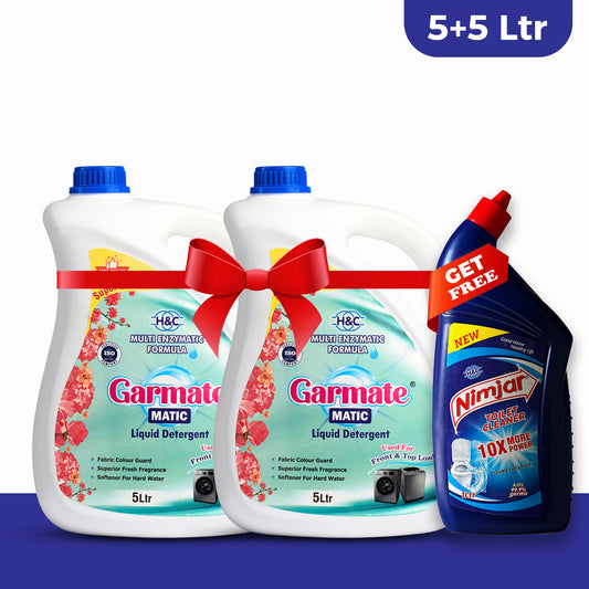 Garmate MATIC Liquid Detergent Freedom Offer - 5+5 Liters (Super Saver Pack) With Nimjar Toilet Cleaner 1 L Free